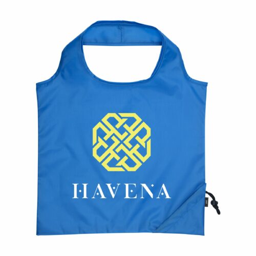 Blå veske med gul logo og teksten 'Havena'.